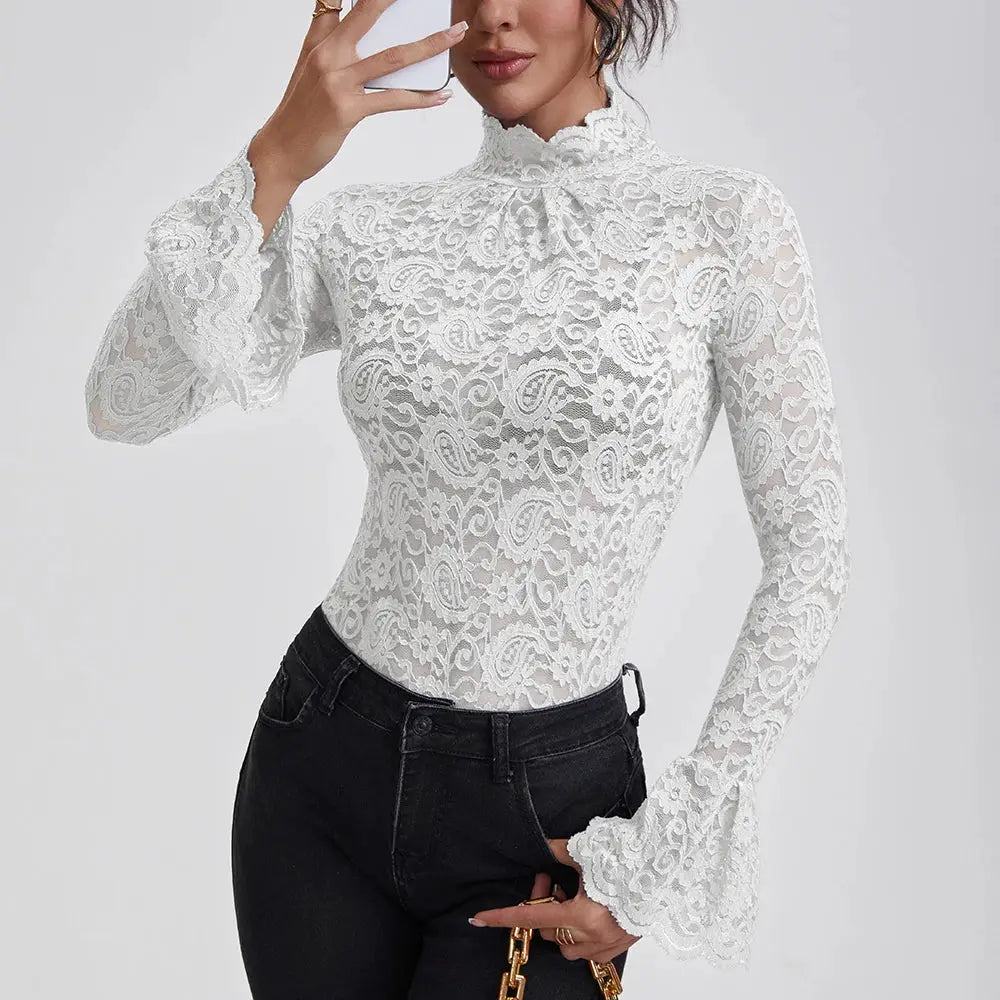 Anfilia lace blouse in white with turtle neck, slim-fit crochet hollow-out long sleeves
