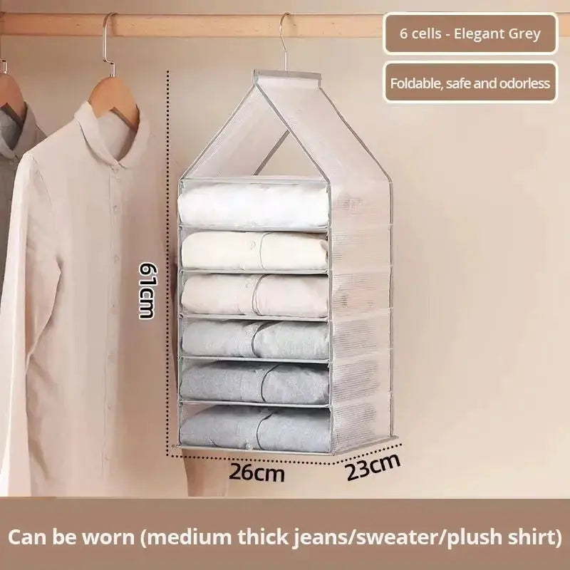 6-cell Elegant Grey hanging wardrobe organizer for pants, socks and tees; foldable and rod-hung