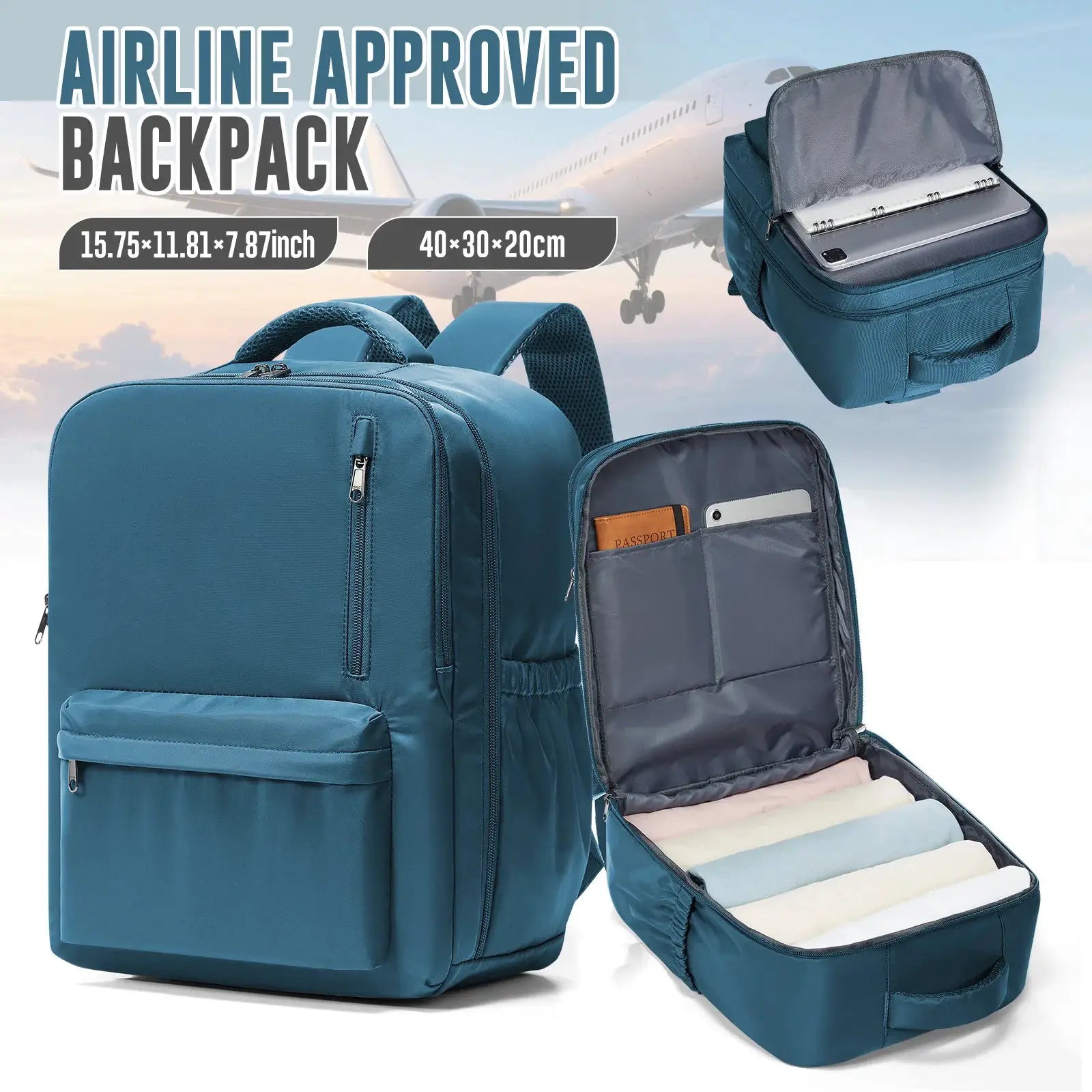 Cabin travel backpack by Simples Market in teal with 15.6 inch laptop sleeve and multiple pockets, 40x30x20 cm carry-on