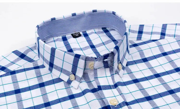 Men's long-sleeve plaid cotton Oxford shirt, blue and white, button-down collar, Simples Market