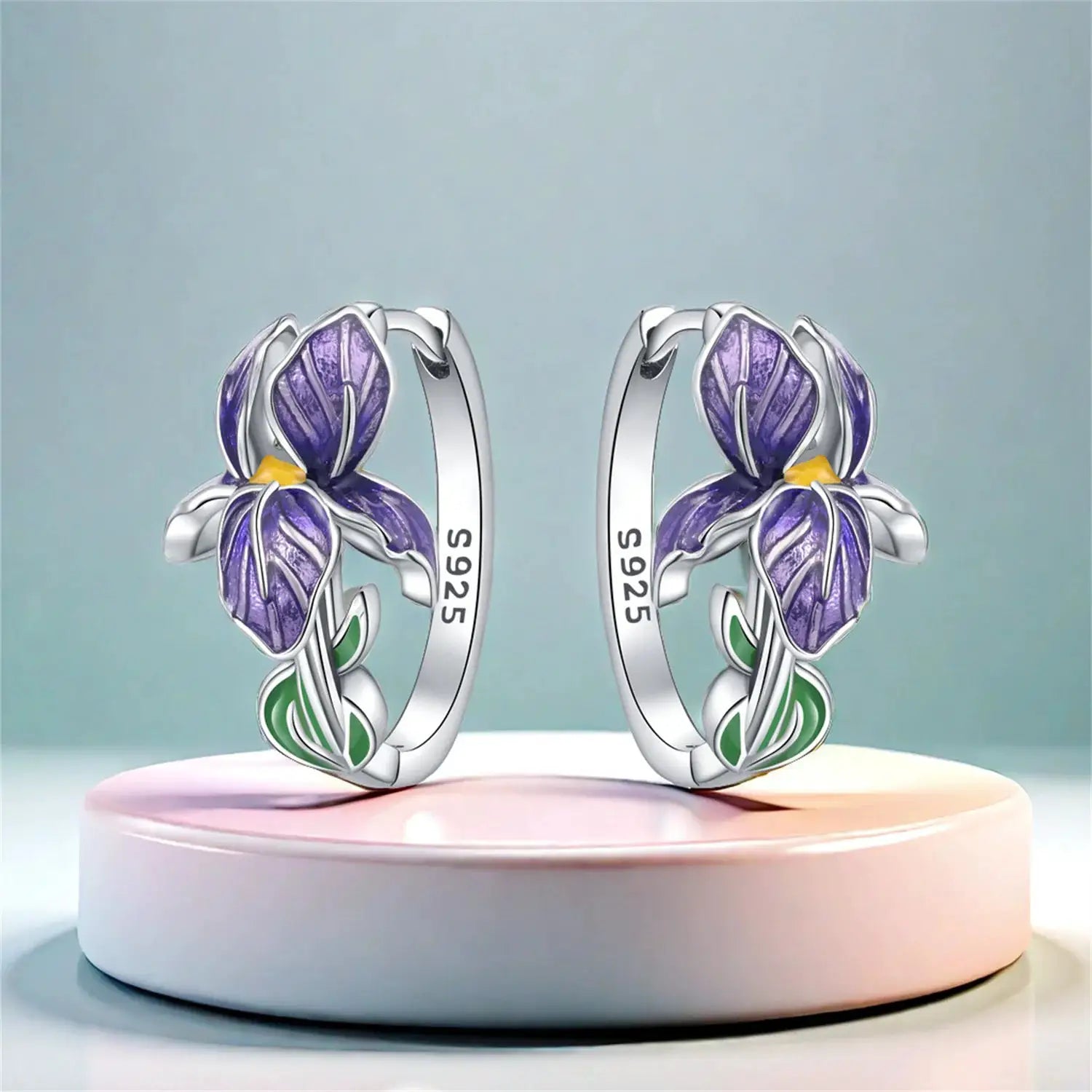 Pair of 925 sterling silver iris flower hoop earrings with purple petals