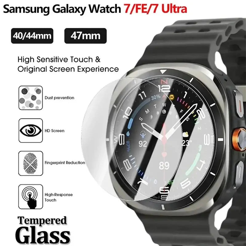 Simples Market tempered glass screen protector for Samsung Galaxy Watch series (40/44mm, 47mm); clear protection on a black smartwatch.
