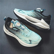 Pair of men's light blue summer breathable mesh running shoes with rotating buckle and white midsoles