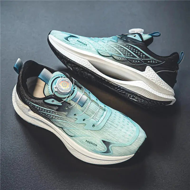 Pair of men's light blue summer breathable mesh running shoes with rotating buckle and white midsoles