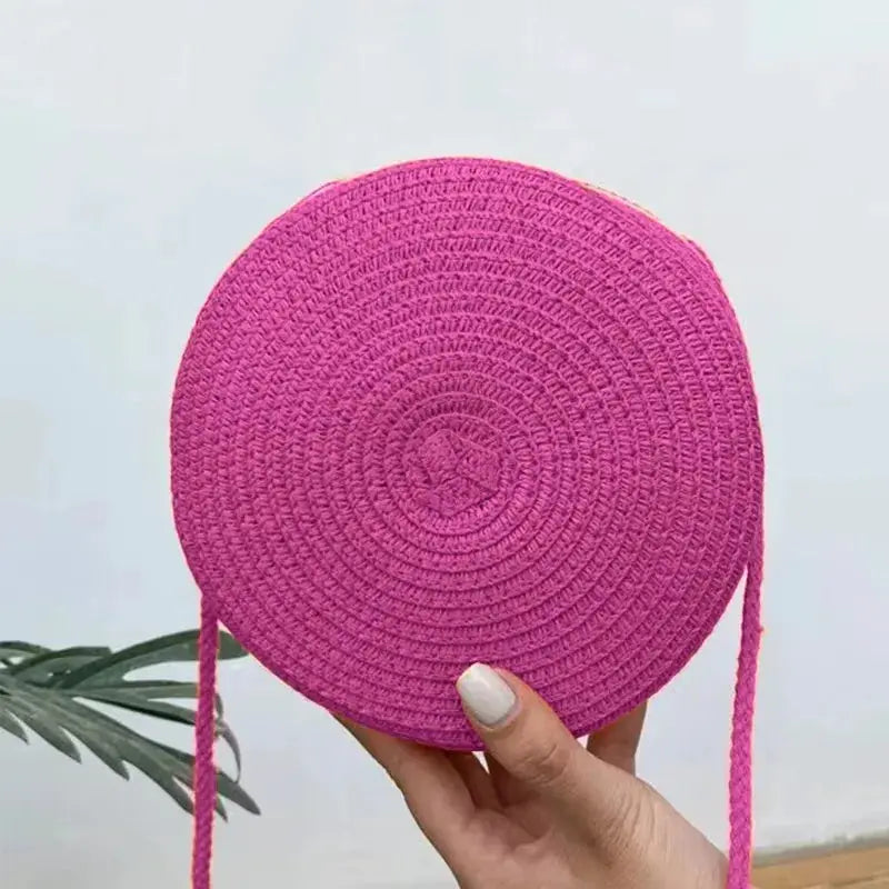 Summer Round Straw Bag for Women Handmade Woven Shoulder Bag Travel Rattan Beach Crossbody Bag