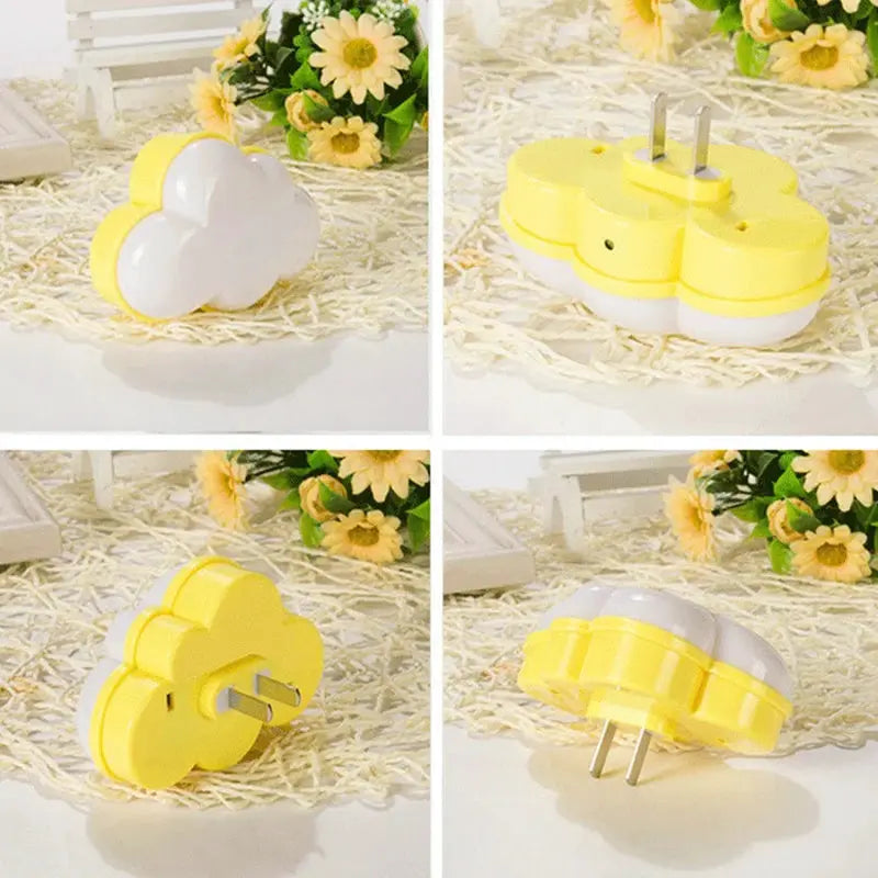 Cloud-shaped LED night light with yellow base, plug-in motion sensor, auto on/off for kids’ bedrooms.