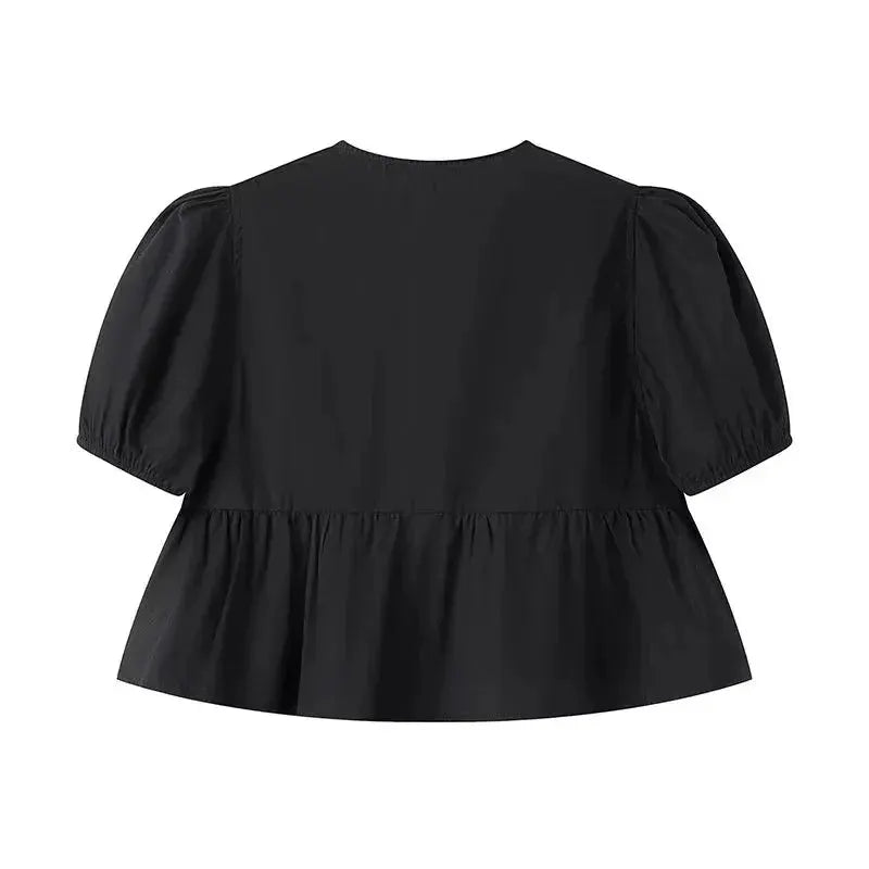 Simples Market black puff-sleeve blouse with ruched peplum hem