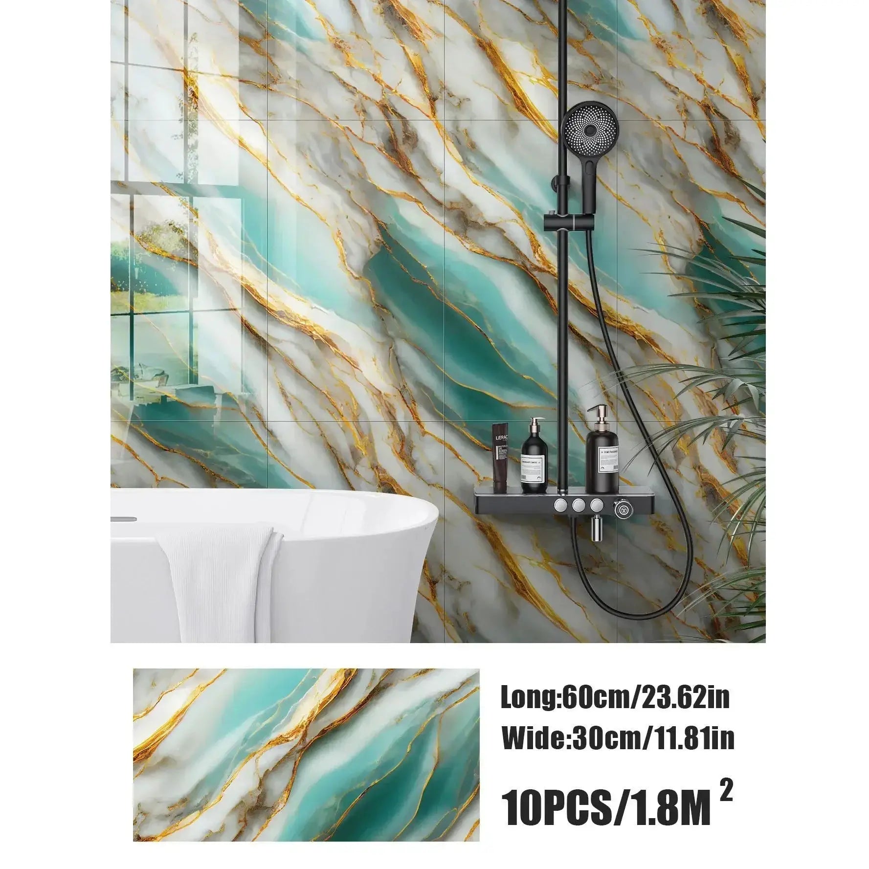 Self-adhesive turquoise marble tile wallpaper with gold veins; waterproof 3D ceramic tile stickers, 10 tiles of 60×30 cm for bathroom walls.