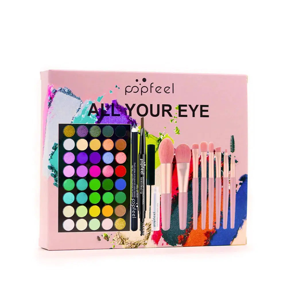 PopFeel 40 Color Eye Makeup Palette Set With Eyebrow Pencil Eyeliner Mascara And Brushes Complete All In One Eye Kit
