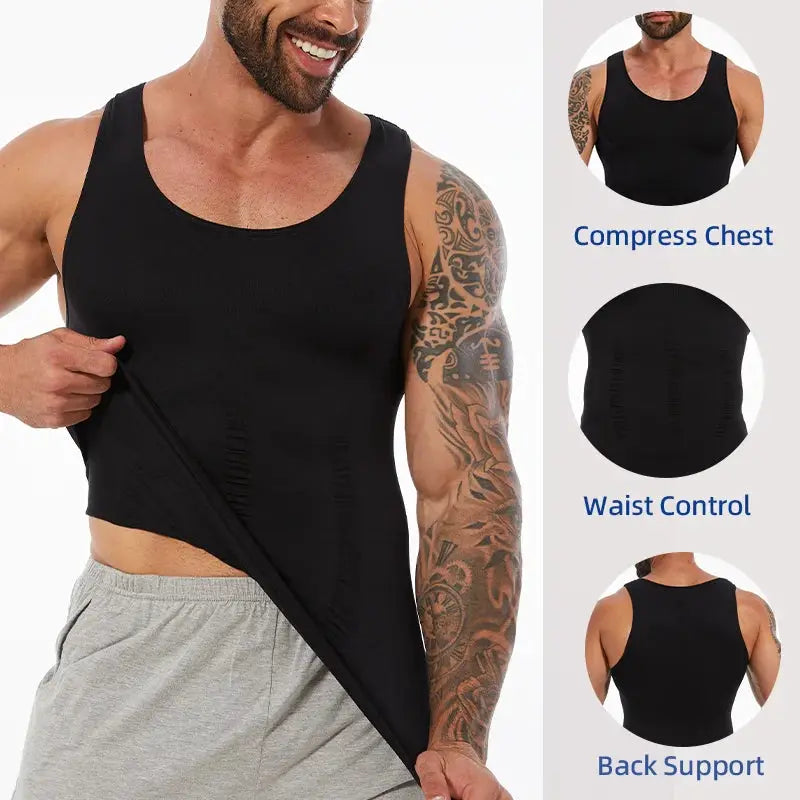 Men's sleeveless shapewear tank top, 2-pack, black with wide straps, waist control and back support, Simples Market
