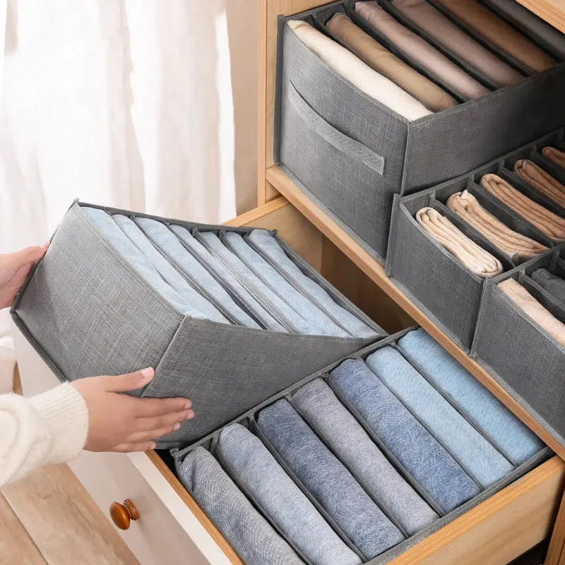 Storage box set by Simples Market for wardrobe; gray fabric drawer organizers for jeans and shirts