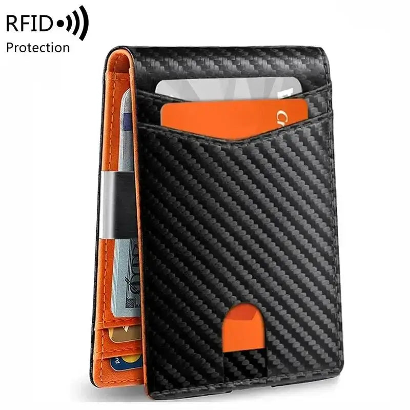 Men's RFID carbon fiber slim wallet with orange interior and multiple card slots.