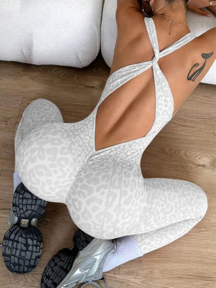 Women's leopard-print backless yoga jumpsuit by Simples Market; white-gray pattern, athletic one-piece outfit