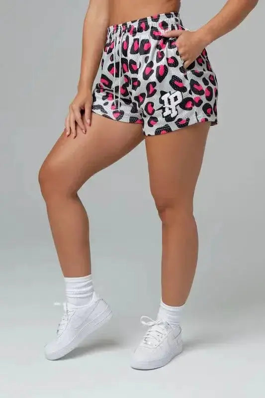 Men's shorts by Simples Market; grey leopard-print mesh quick-dry athletic shorts with drawstring waist and pockets