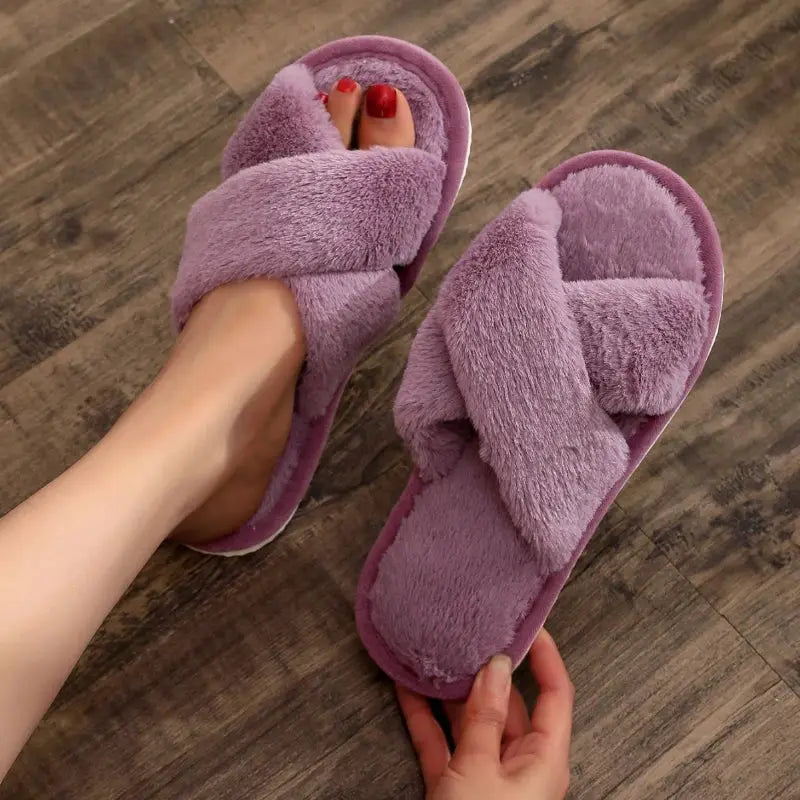 Autumn Fashion Cross Strap Faux Fur Slippers For Women Indoor Light Warm Plush Home Shoes Flat Heel