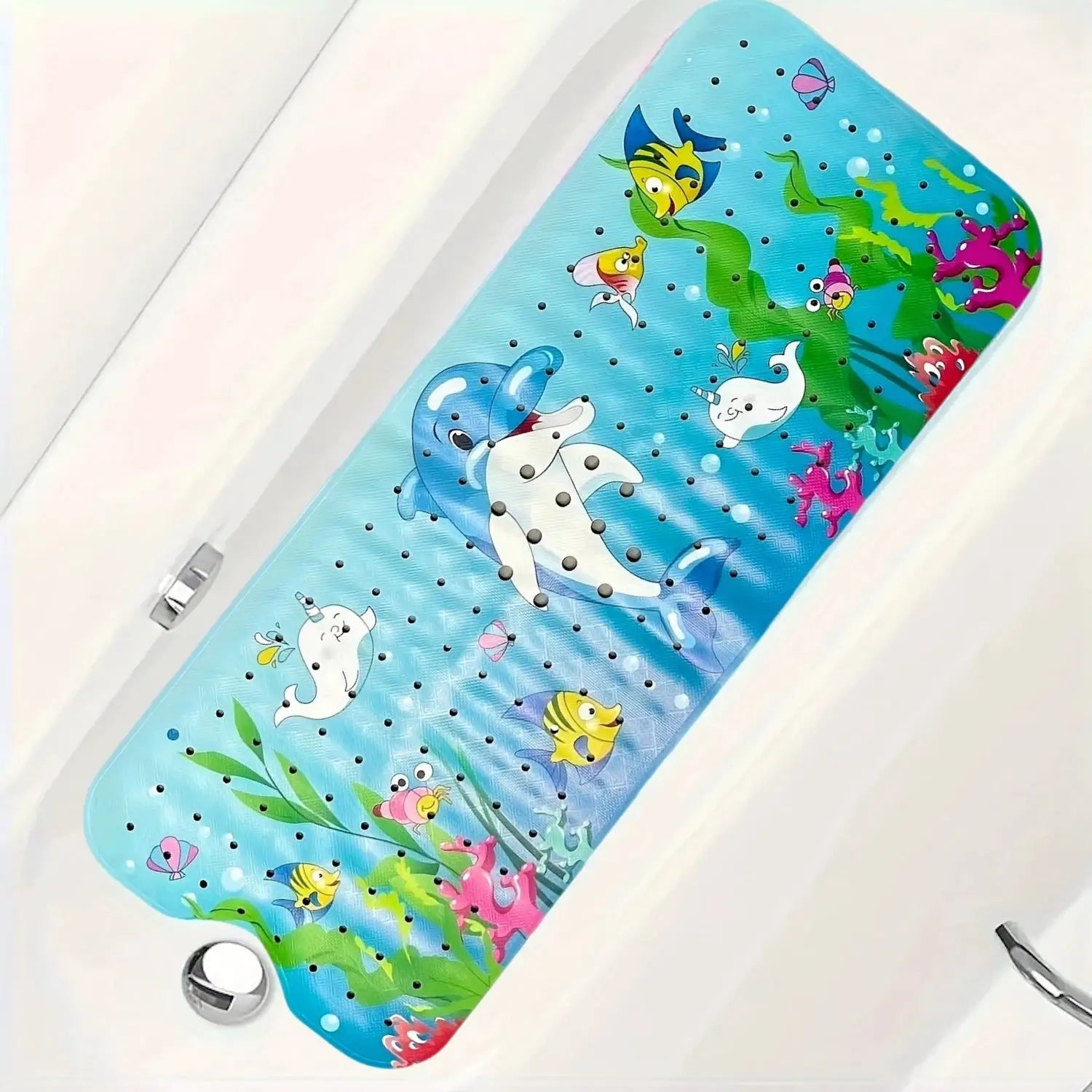 Simples Market cartoon bathtub mat 40x100cm, blue with sea creatures, non-slip with suction cups and drain holes
