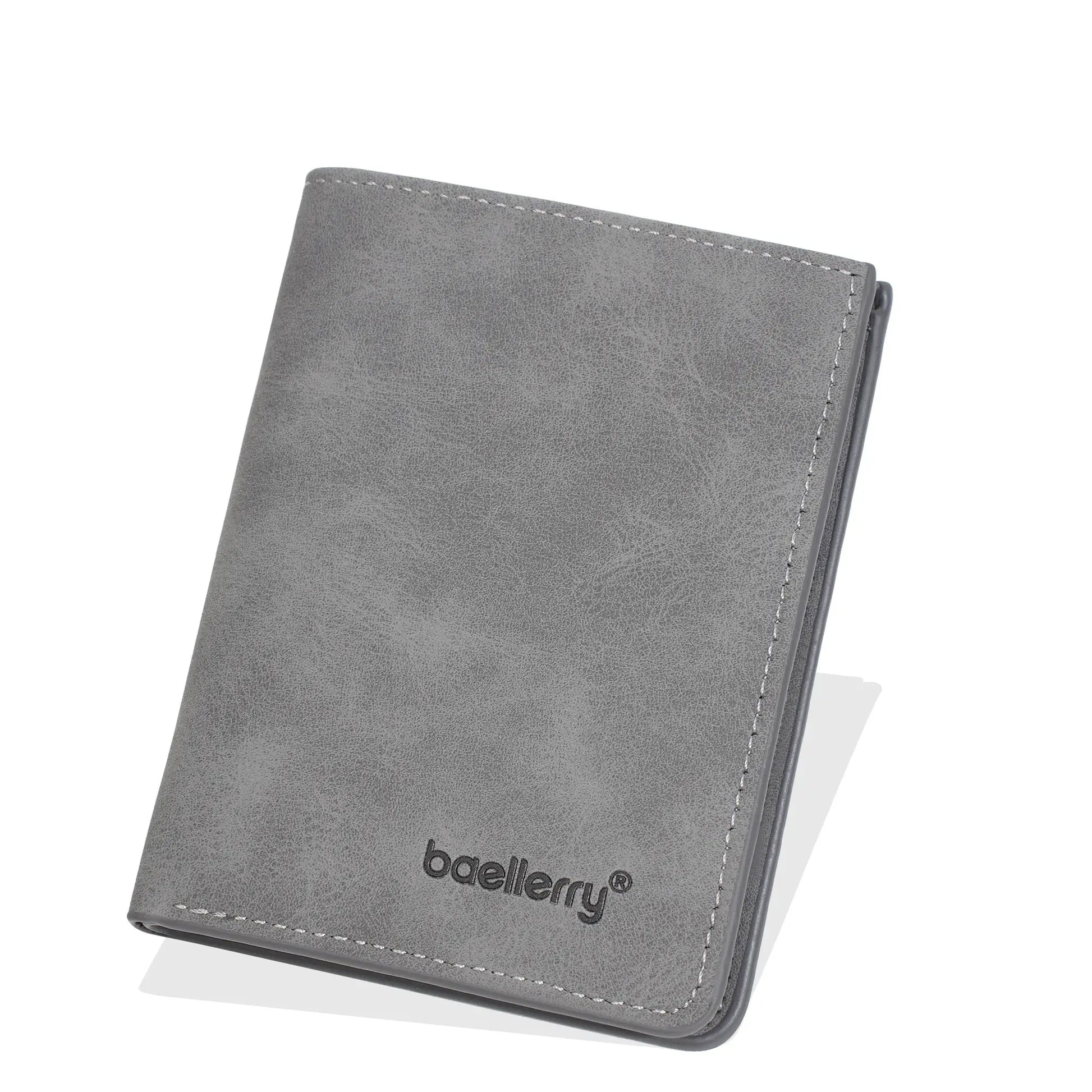 Baellerry men's short RFID anti-theft bi-fold wallet in gray faux leather with white stitching
