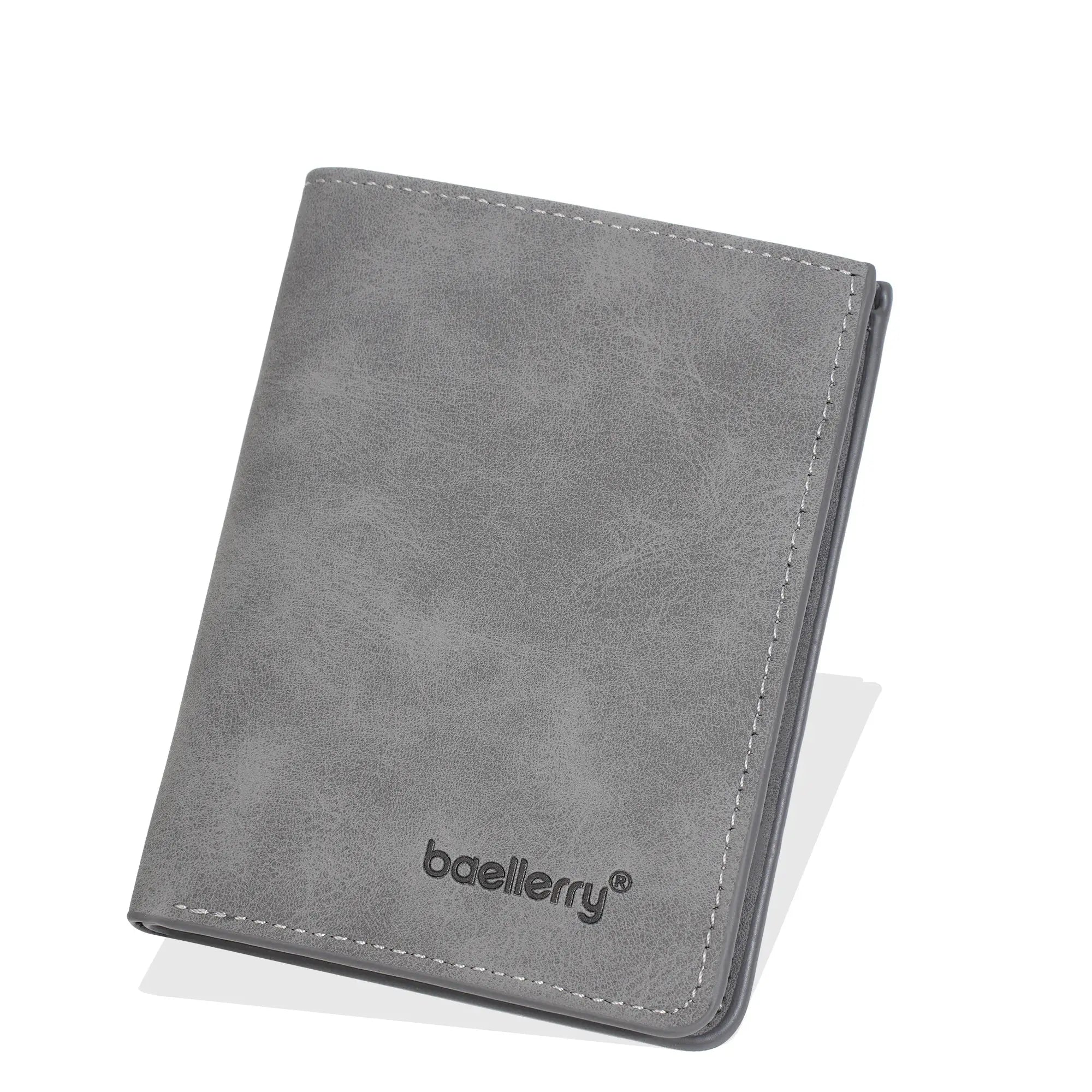 Baellerry men's short RFID anti-theft bi-fold wallet in gray faux leather with white stitching