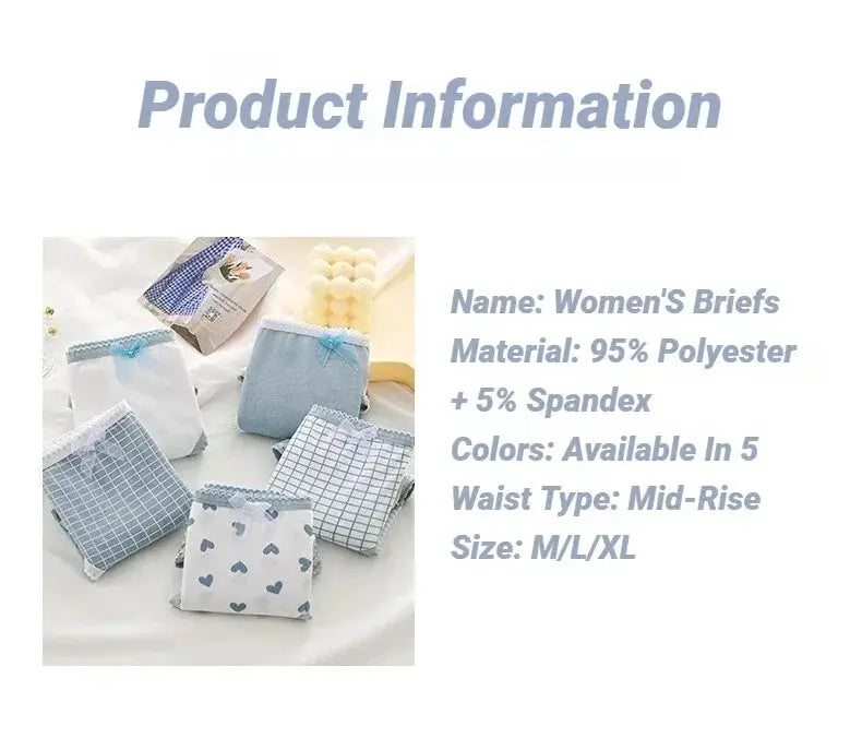 5pcs women's soft briefs in blue plaid and heart prints, mid-rise, breathable polyester-spandex