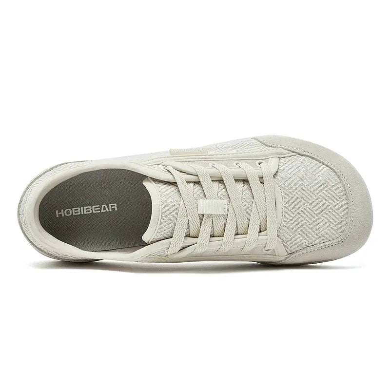 HOBIBEAR barefoot shoes, cream lace-up sneakers with minimalist design and wide toe