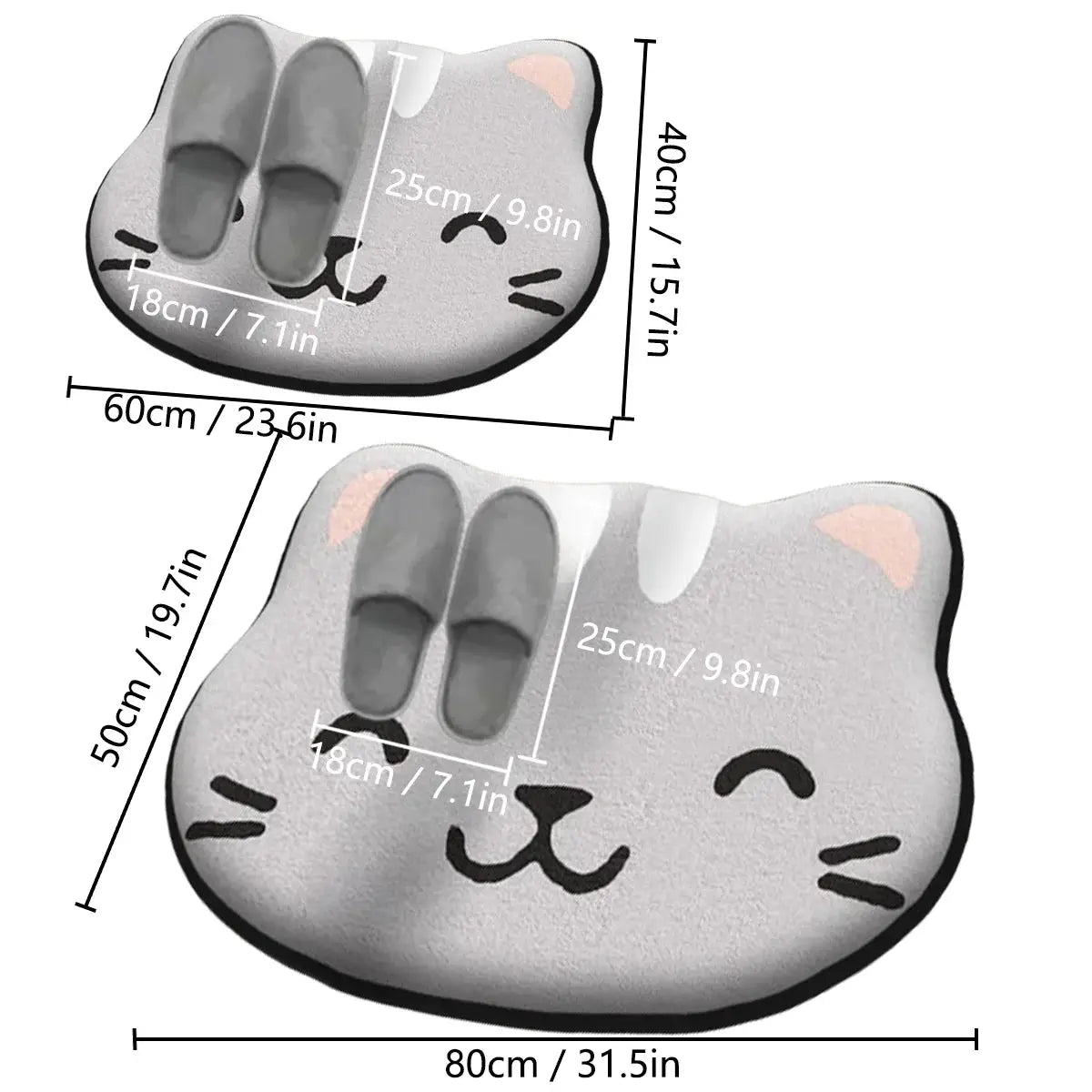Cat-shaped bathroom floor mat set, thickened gray flannel by Simples Market; two sizes: 60x40 cm and 80x50 cm, non-slip, dirt-resistant.