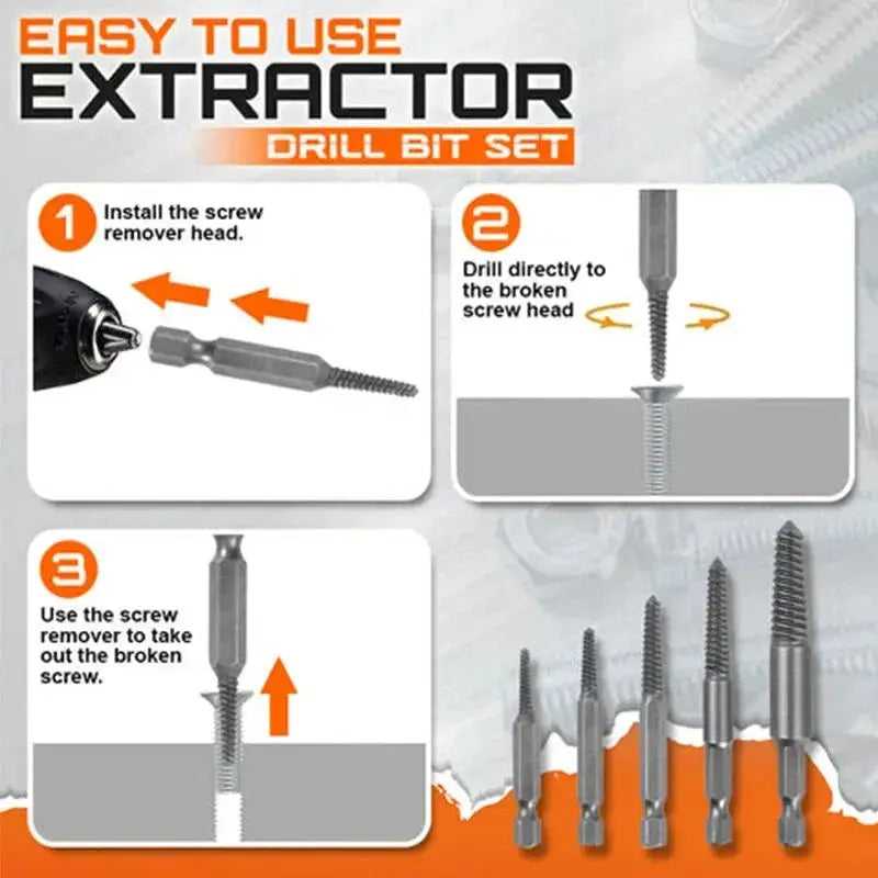 5 Piece Hexagonal Handle Screw Extractor Set For Broken Stripped And Rusted Screws Power Tool Compatible