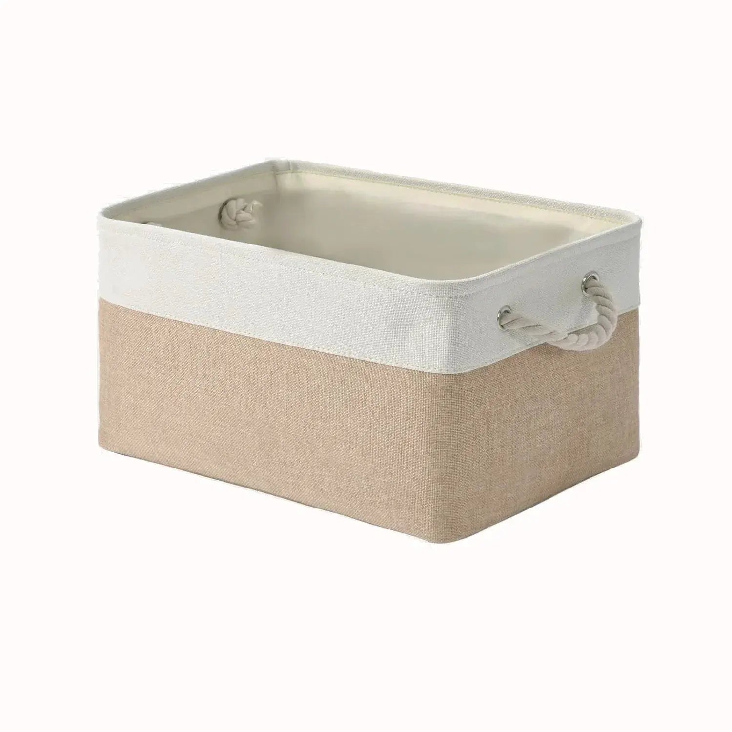 Simples Market folding linen storage basket with rope handles; beige body and white top