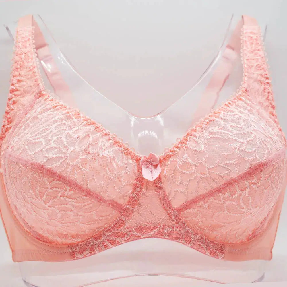 Pink plus-size lace underwire bra with center bow and floral cups