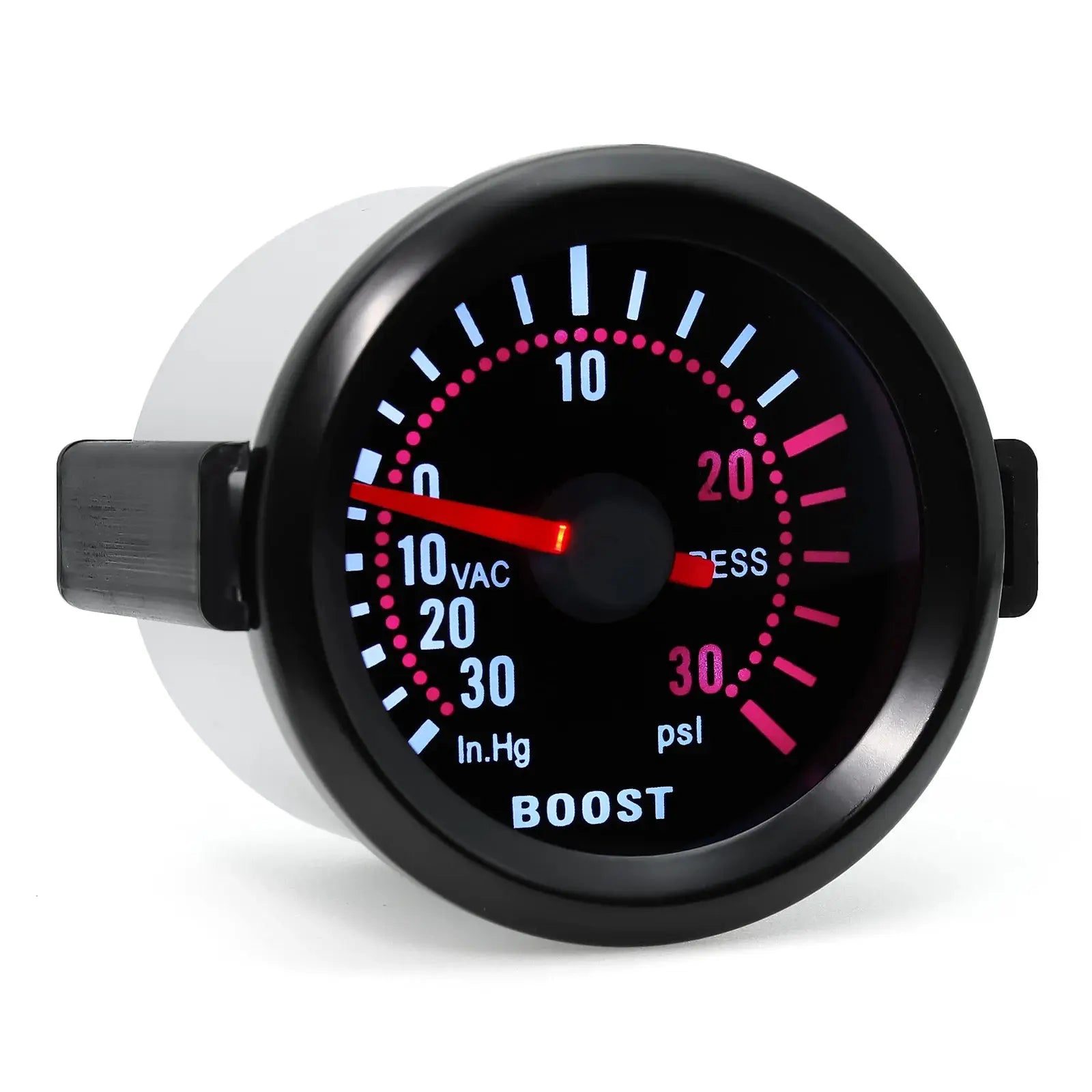 Boost gauge, 52mm, black dial with blue numbers and pink accents, red needle