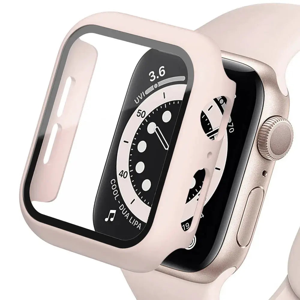 Pink tempered-glass Apple Watch case with clear screen protector for 40–45mm models