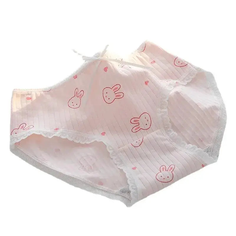 5-piece cotton panties set by Simples Market in pink with bunny print and white lace trim