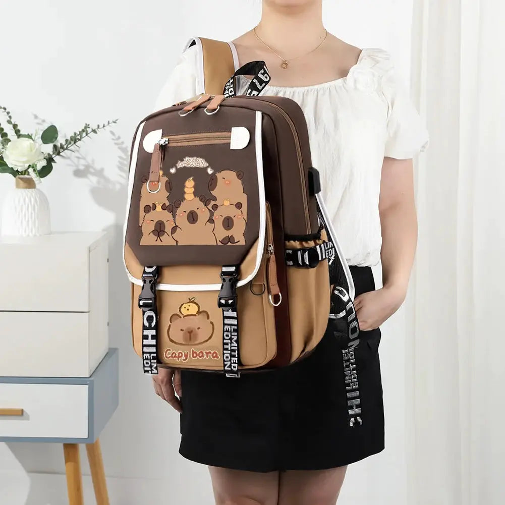 Capybara cute backpack with pencil case, Simples Market brown/tan daypack, large capacity for school or travel