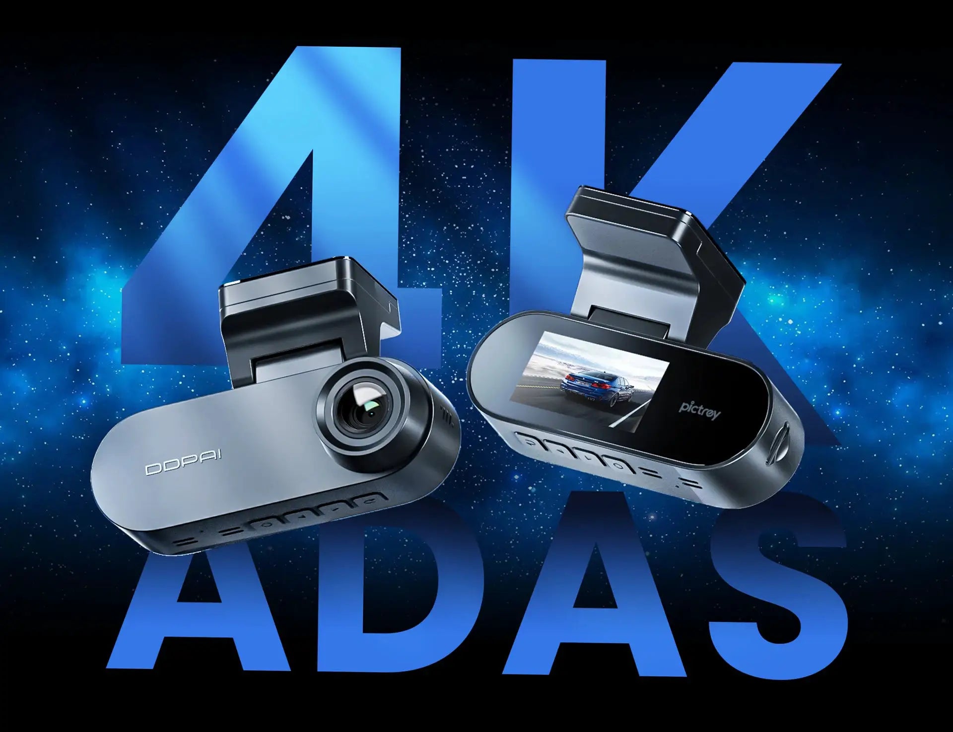 Pictrey A400 4K dash cam with built-in ADAS and Wi‑Fi; two black dash cams shown