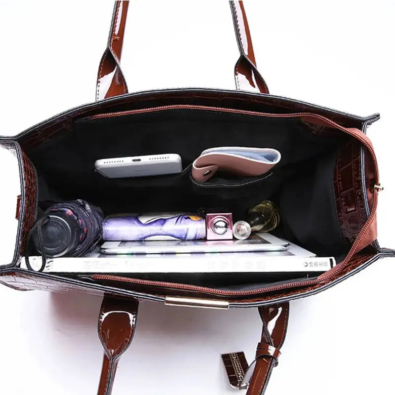 Luxury crocodile-pattern handbag with brown PU leather top-handle tote and large capacity