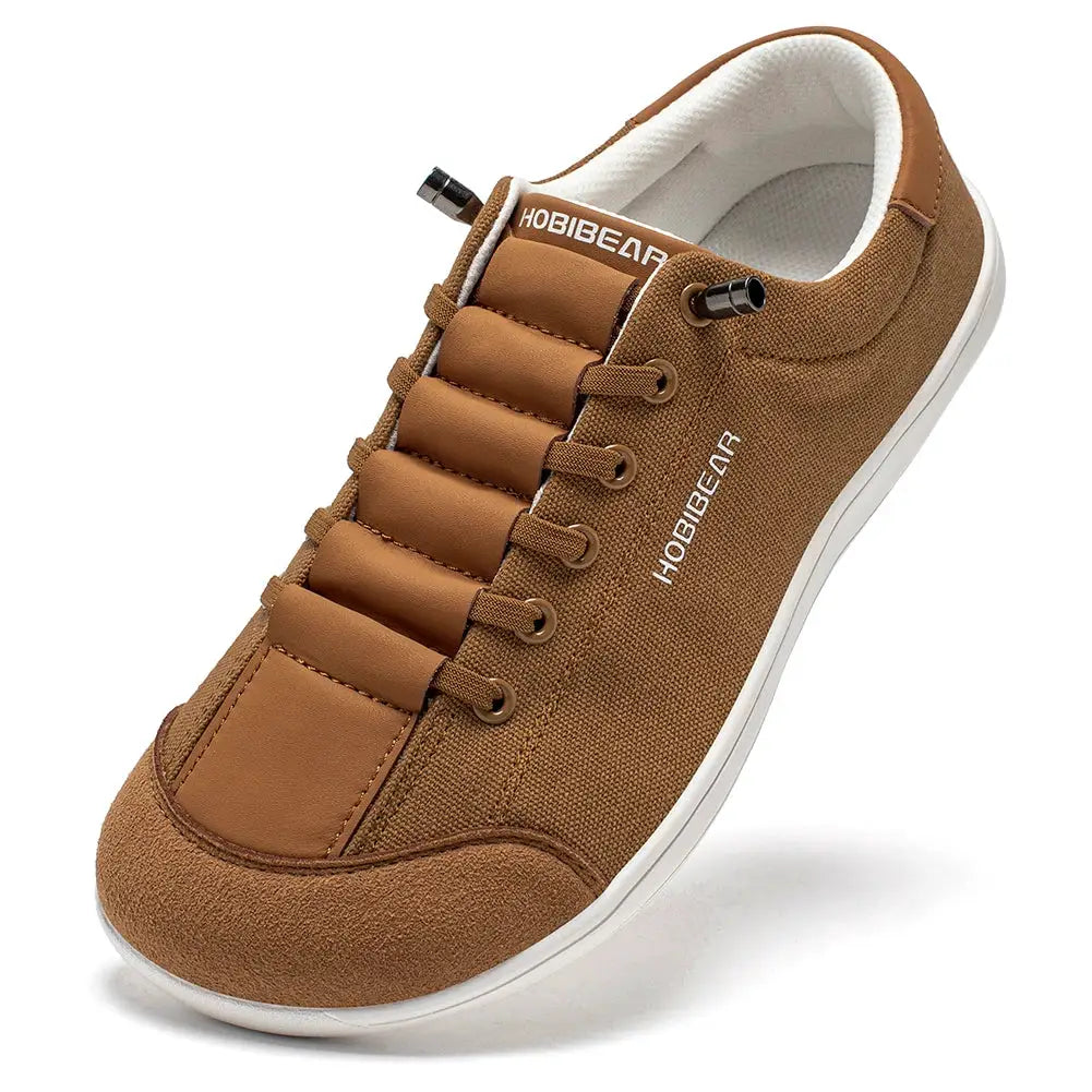 HOBIBEAR wide-toe barefoot sneakers in brown canvas with white sole for unisex wear