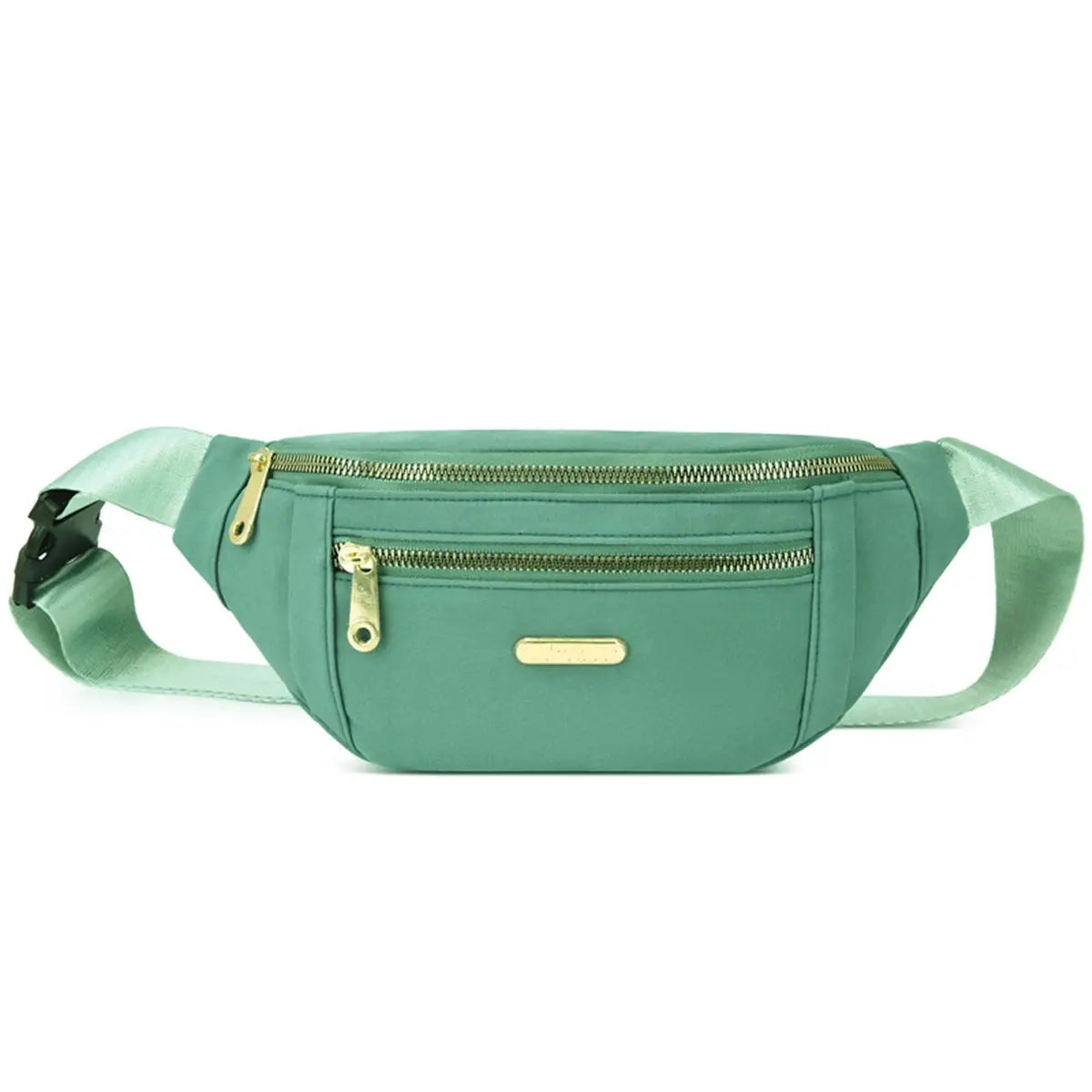 Simples Market teal fanny pack belt bag with gold zippers; lightweight waist bag for running, hiking, travel