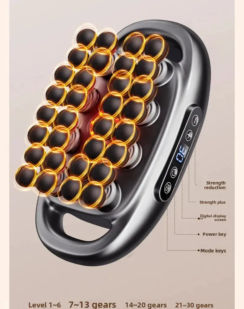Simples Market 32-head massage gun, black cordless device with digital display and orange-glowing massage heads