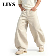 LIYS men's beige denim jeans with loose wide-leg, high-waisted fit, streetwear-inspired by Simples Market
