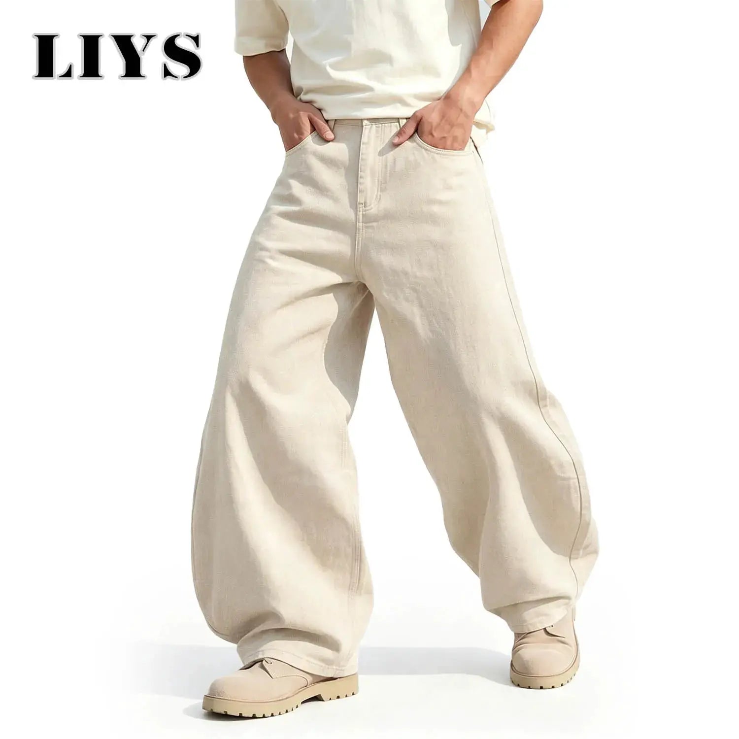 LIYS men's beige denim jeans with loose wide-leg, high-waisted fit, streetwear-inspired by Simples Market