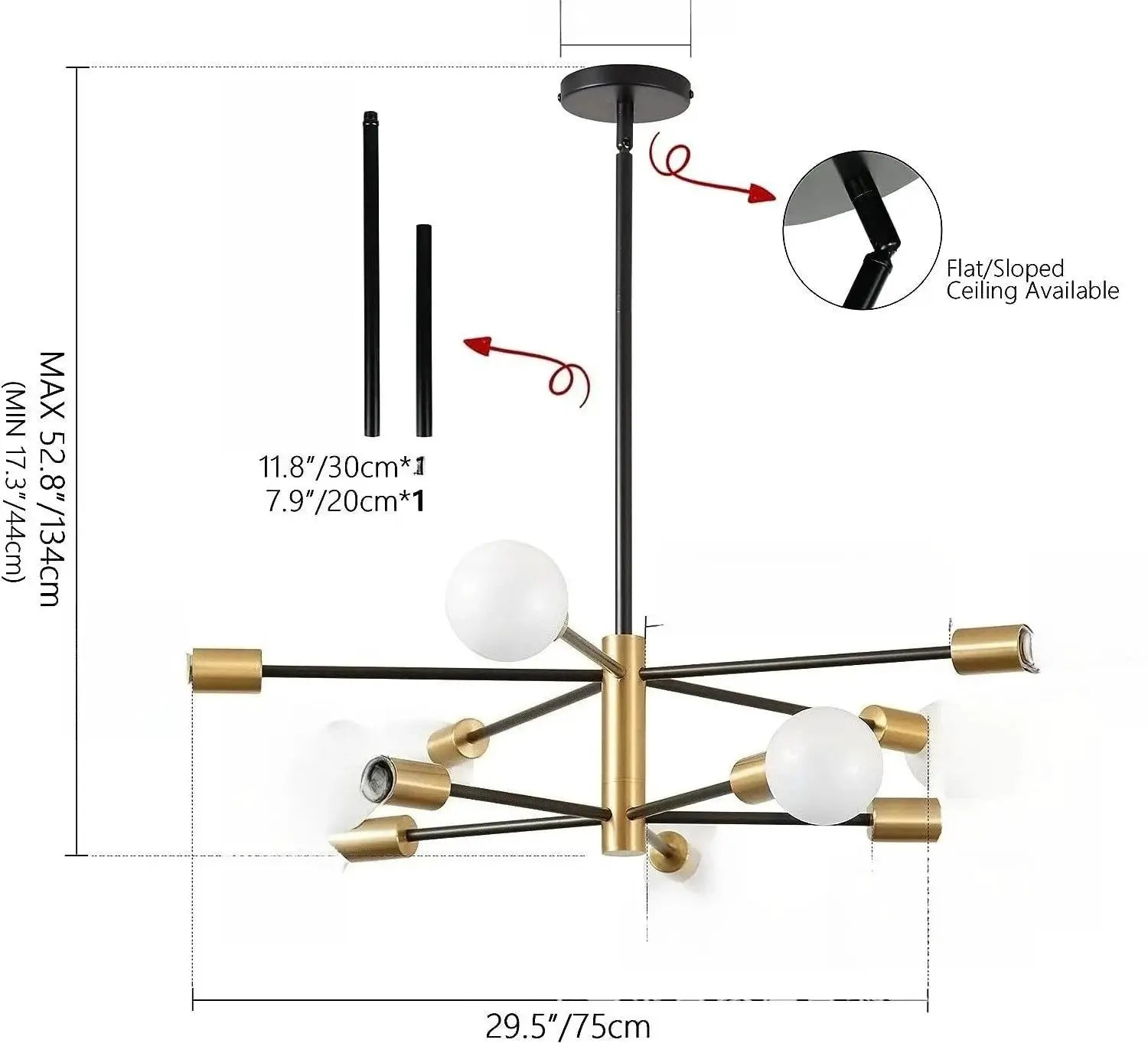 Nordic LED chandelier with black arms and brass accents, eight globe bulbs in a Sputnik-style ceiling light.
