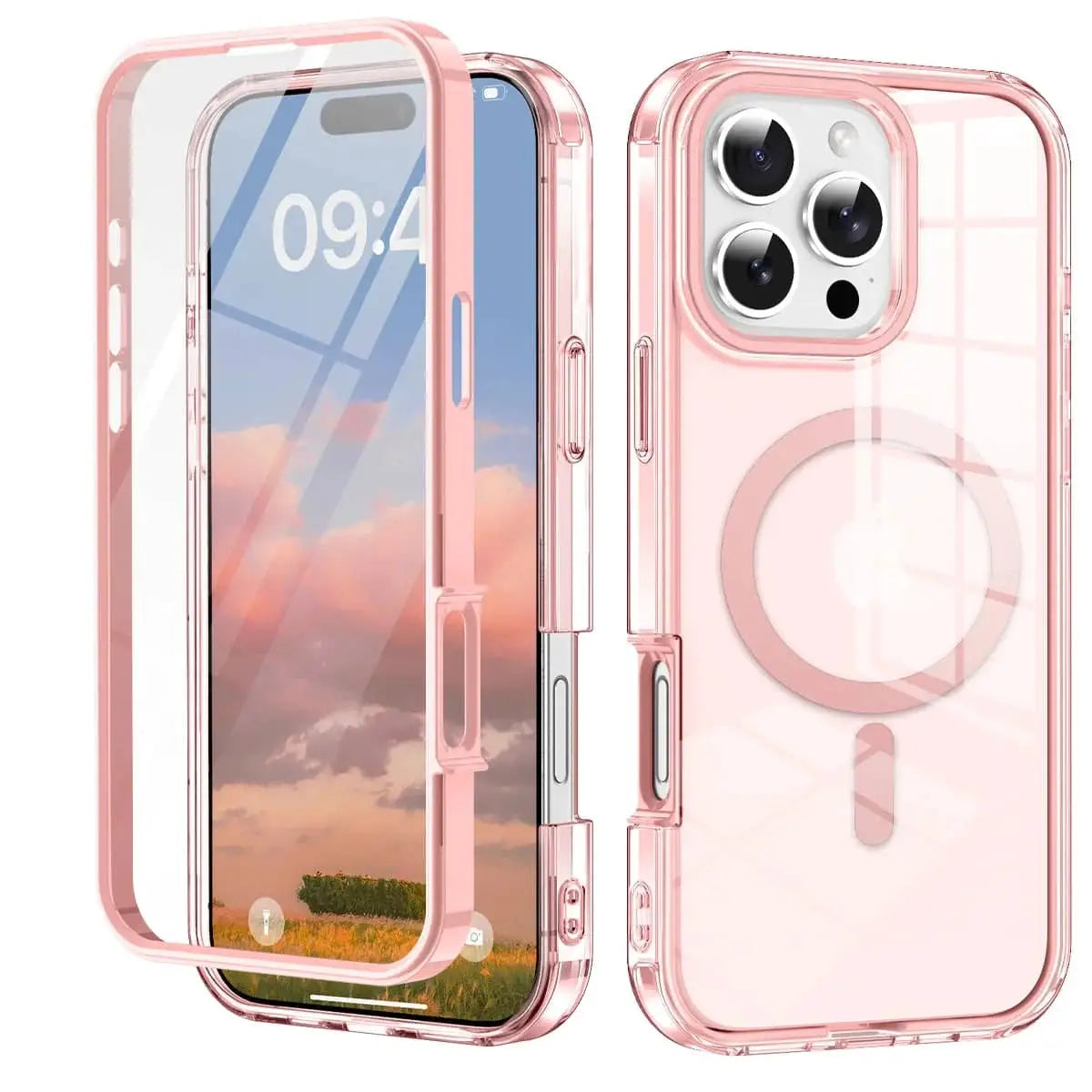 iPhone case, pink transparent, full-body shockproof with built-in magnetic screen protector by Simples Market