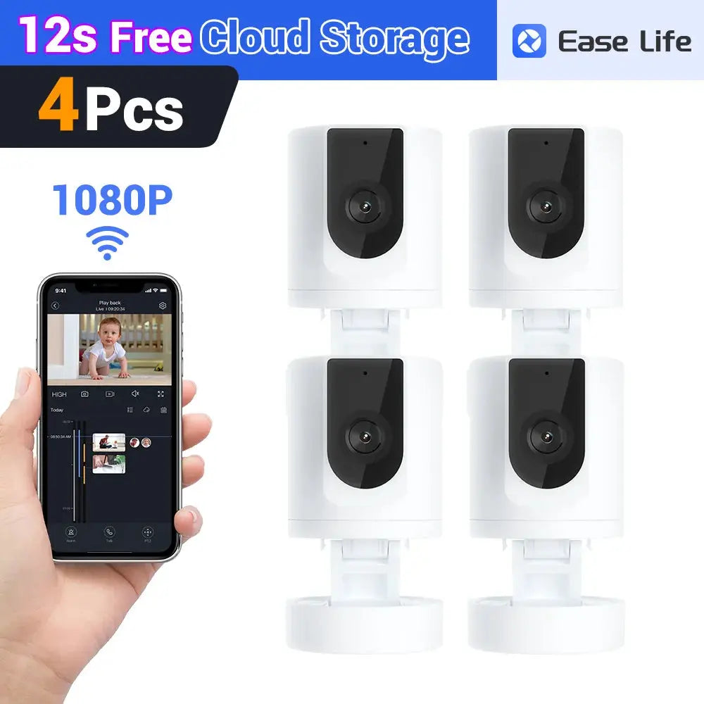Pet indoor security cameras 4-pack, white with black lens, 1080P, smartphone app control