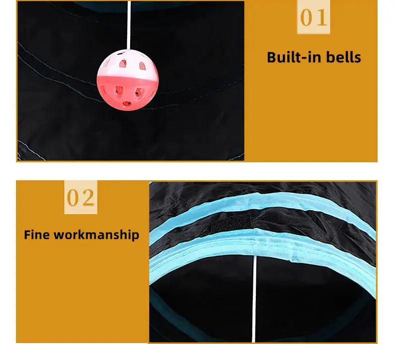 Simples Market cat tunnel, foldable play tunnel with blue trim; pink ball toy with bells