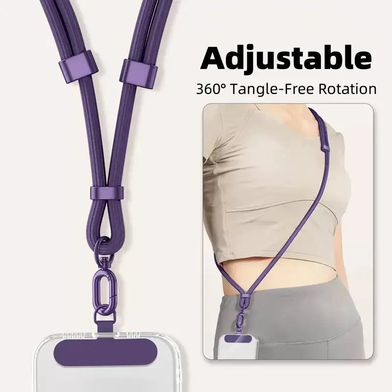 Universal adjustable purple phone lanyard with crossbody strap and secure clip for phone case
