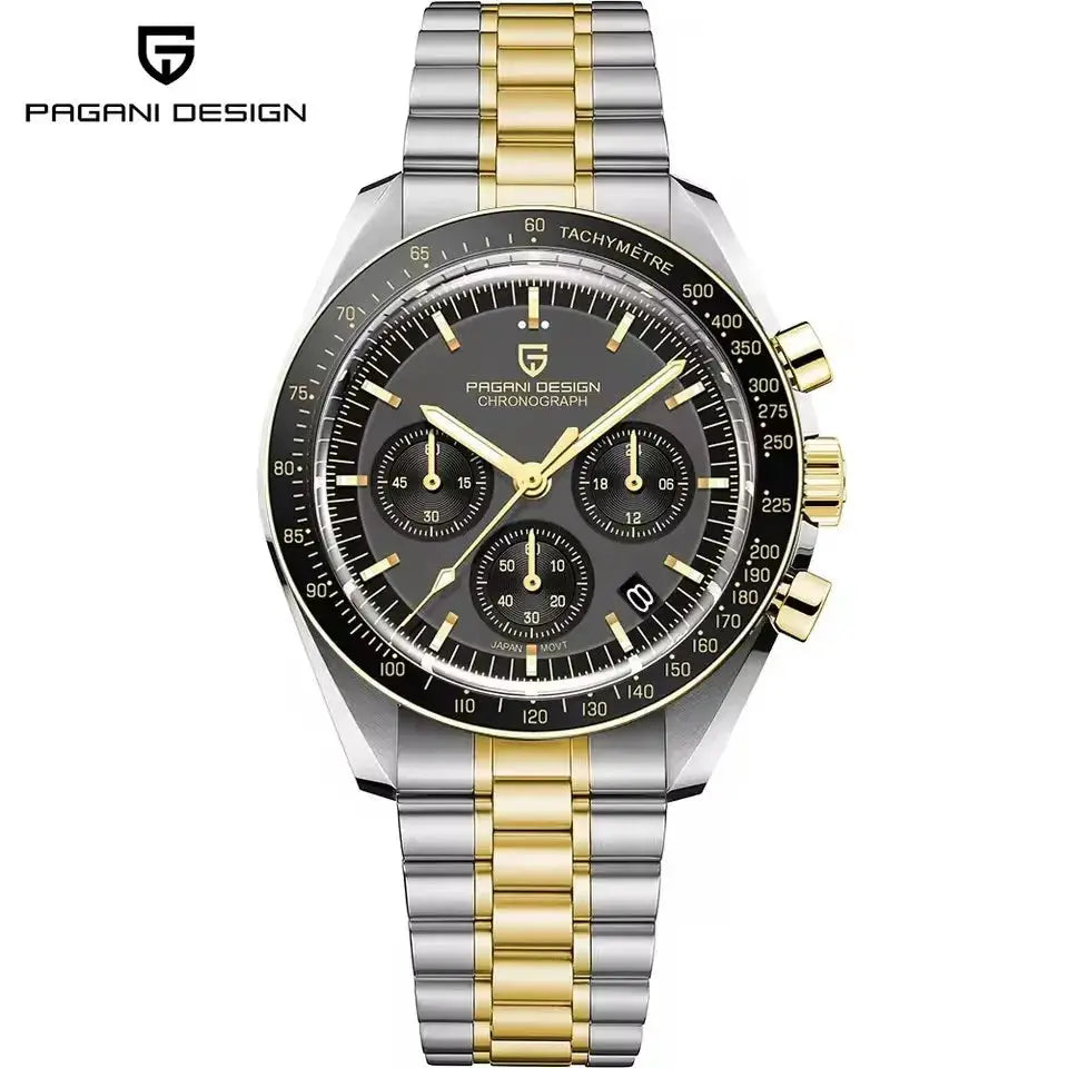 Pagani Design 500 Speedometer chronograph watch with gold-silver stainless steel bracelet, black dial, tachymeter bezel.