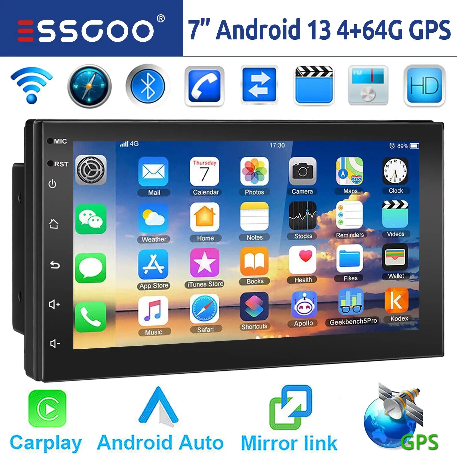 ESSGOO 2-DIN Android car stereo with 7/9/10-inch touchscreen, CarPlay, Android Auto, GPS, Bluetooth, FM, Wi-Fi