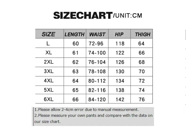 Simples Market men's knee-length casual shorts size chart with cm measurements for L–6XL: length, waist, hip, thigh