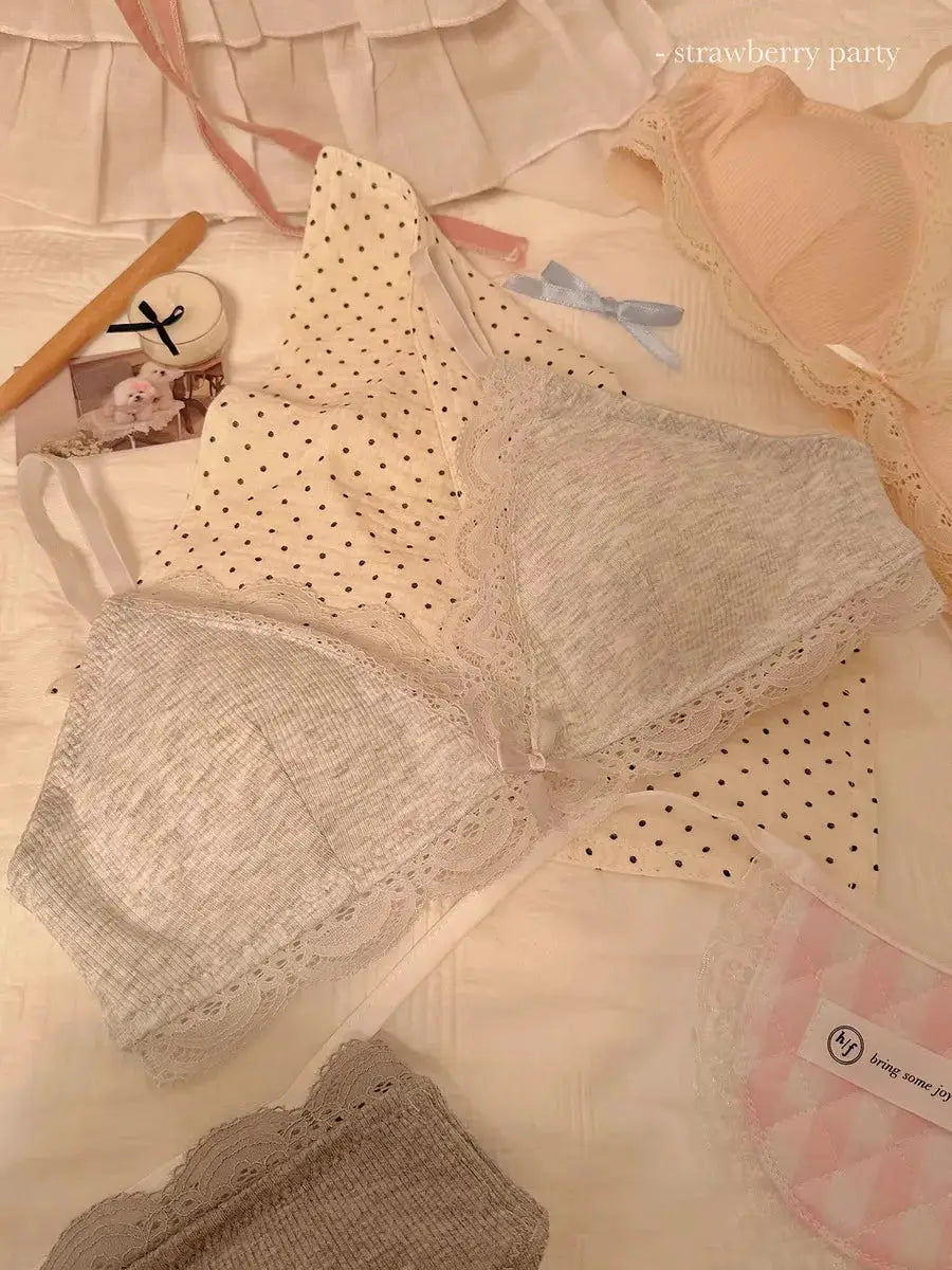 SP&CITY gray lace triangle-cup bra by Simples Market, pink lace bralette, and beige polka-dot top
