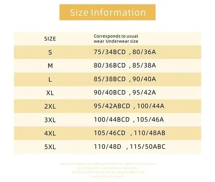 Vest bra size information chart displaying S–5XL range for front-closure posture corrector underwear