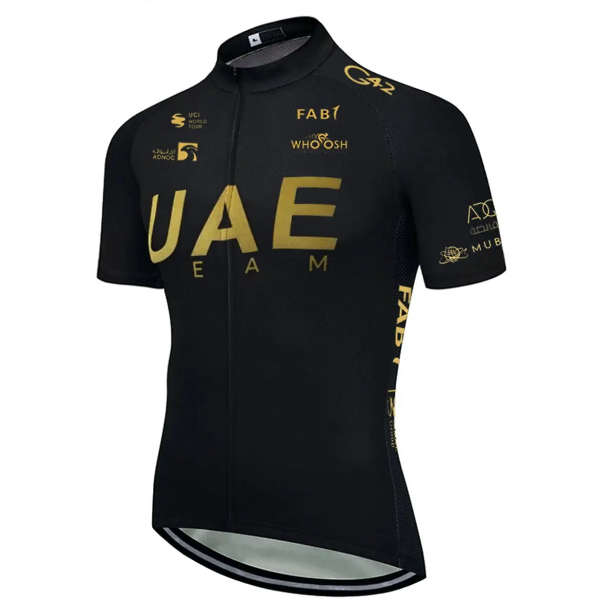 UAE cycling jersey, black with gold UAE TEAM logos, short sleeves and front zipper